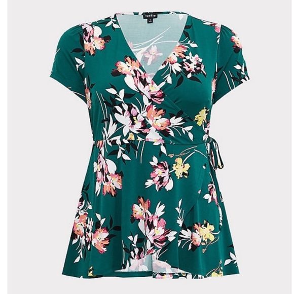torrid Tops Torrid Size 2 Green Floral Wrap Babydoll Blouse With